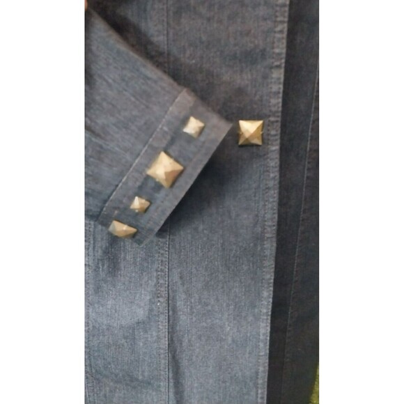 Focus 2000 Denim Jacket Long Dark Wash Square Stud Leopard Print Lined 6 Petite - Picture 6 of 8